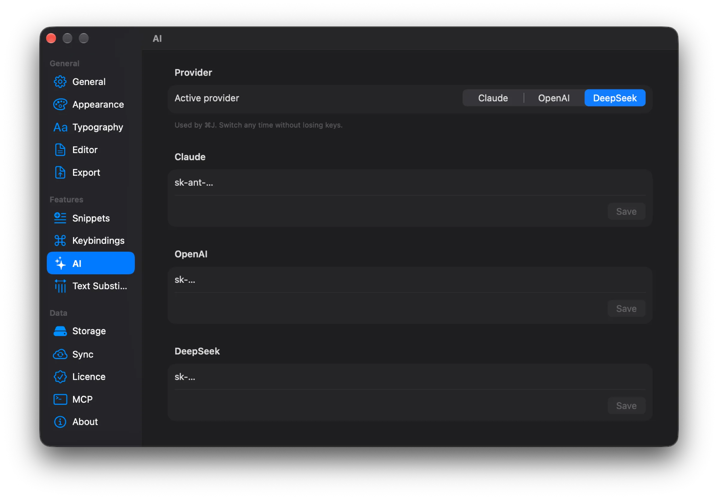 AI settings section: active provider switcher for Claude, OpenAI, DeepSeek and fields for three API keys