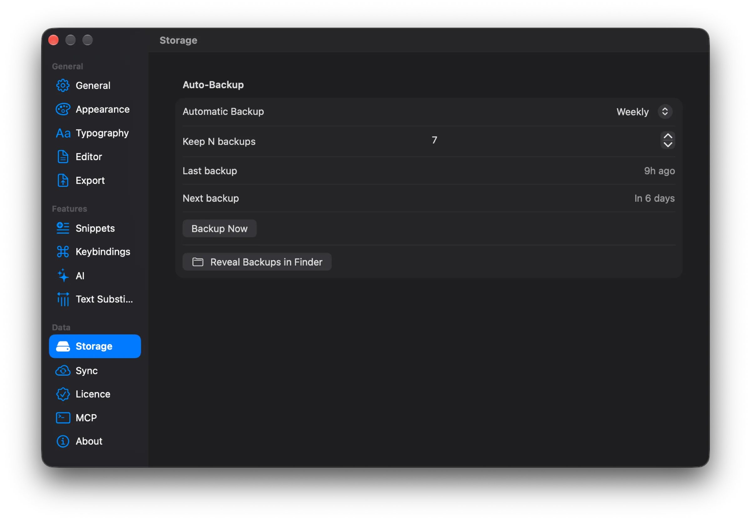 Storage section: automatic backup once a week, keep 7 copies, last one 9 hours ago, next one in 6 days
