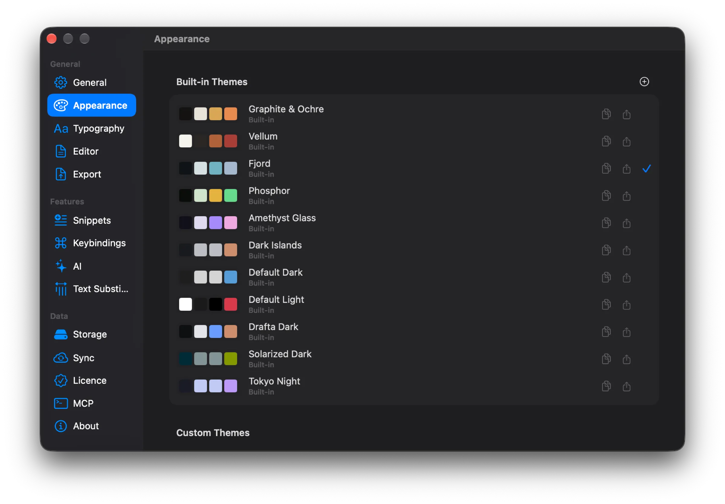 Appearance section: a list of eleven built-in themes with color swatches, Fjord selected