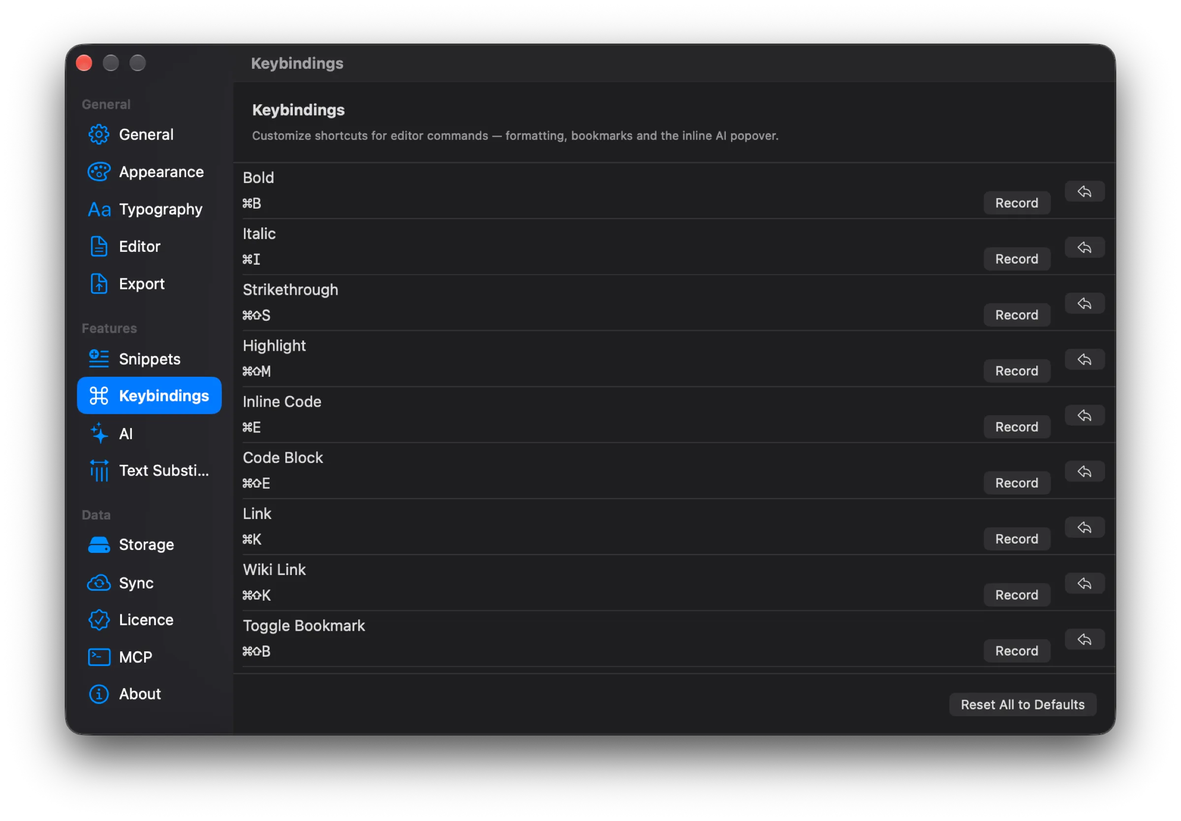 Keybindings section: commands Bold, Italic, Strikethrough, Highlight, and others with shortcuts and Record buttons
