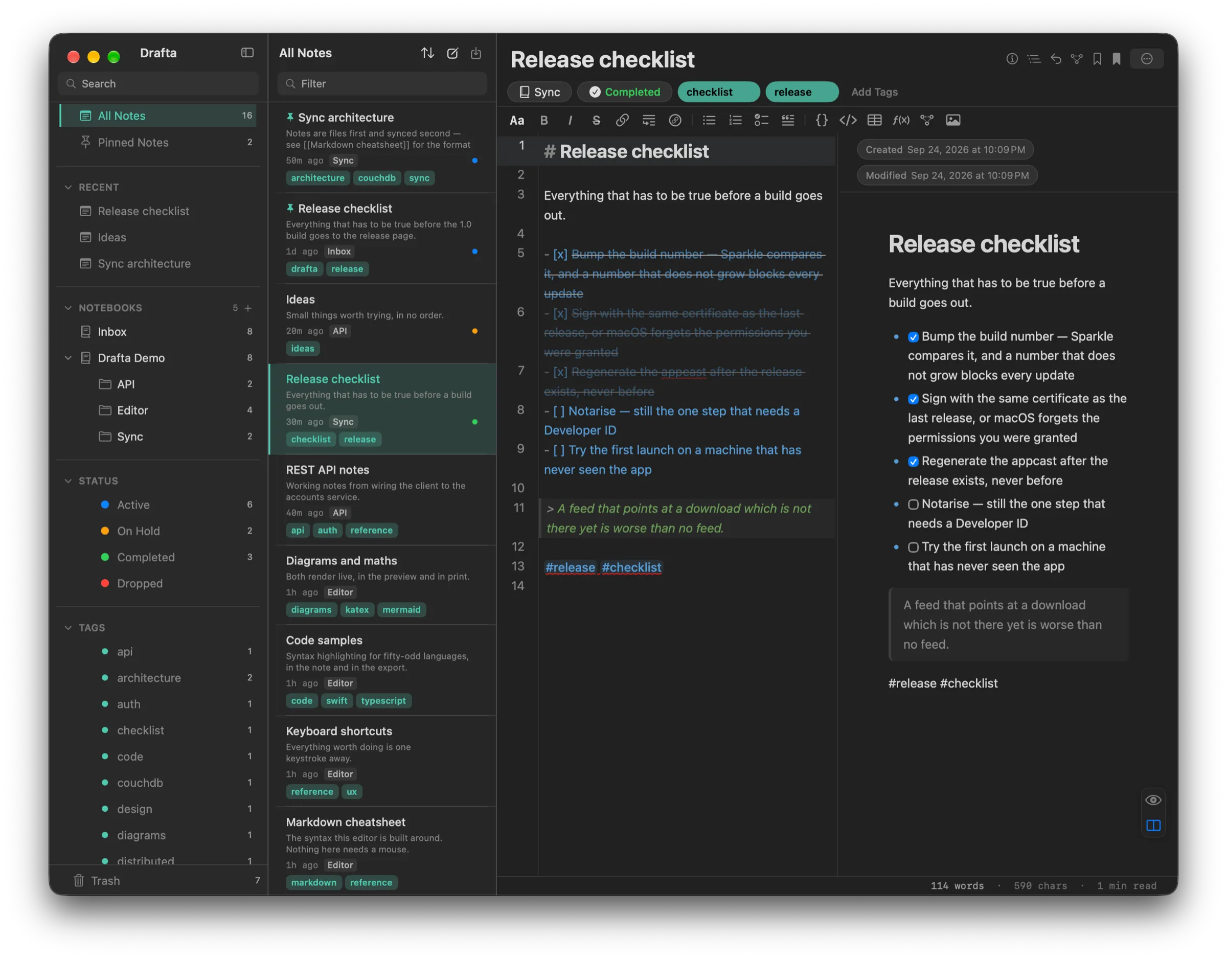 A note with Completed status in split mode: a release checklist with checked items