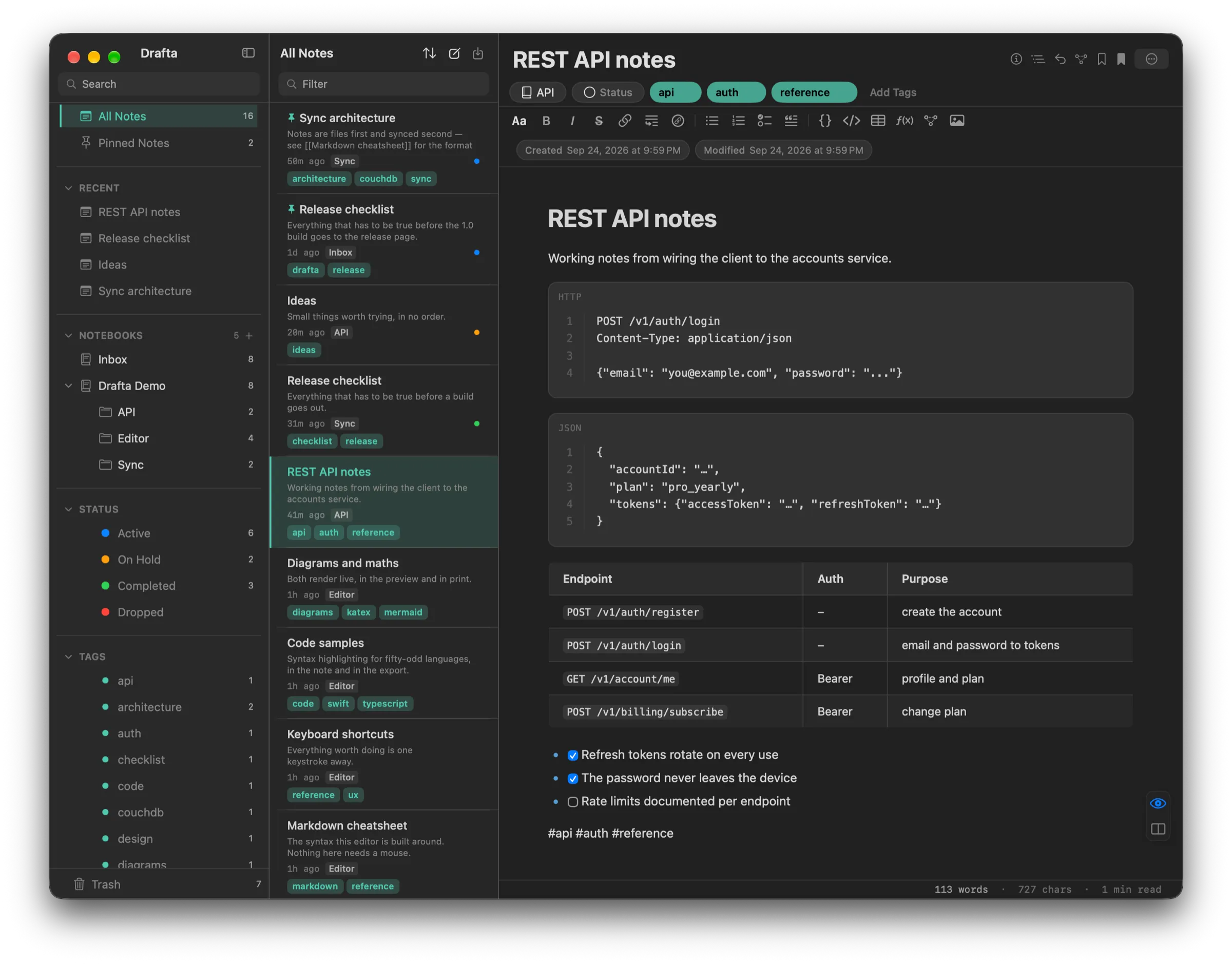 Preview of a note with HTTP and JSON code blocks with line numbers and an endpoints table