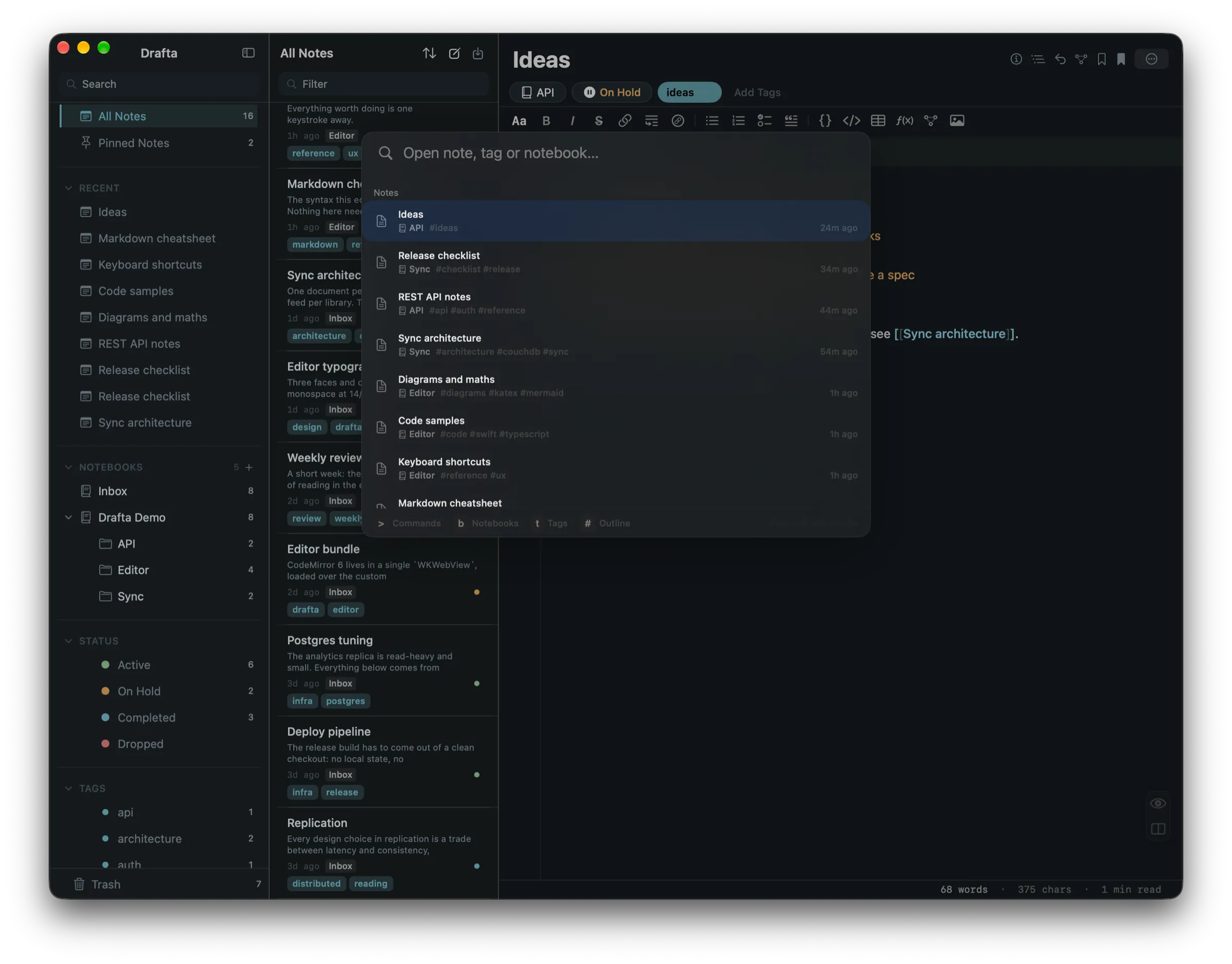Quick switch panel over the window: search field, list of notes with notebooks and tags, prefix hints at the bottom
