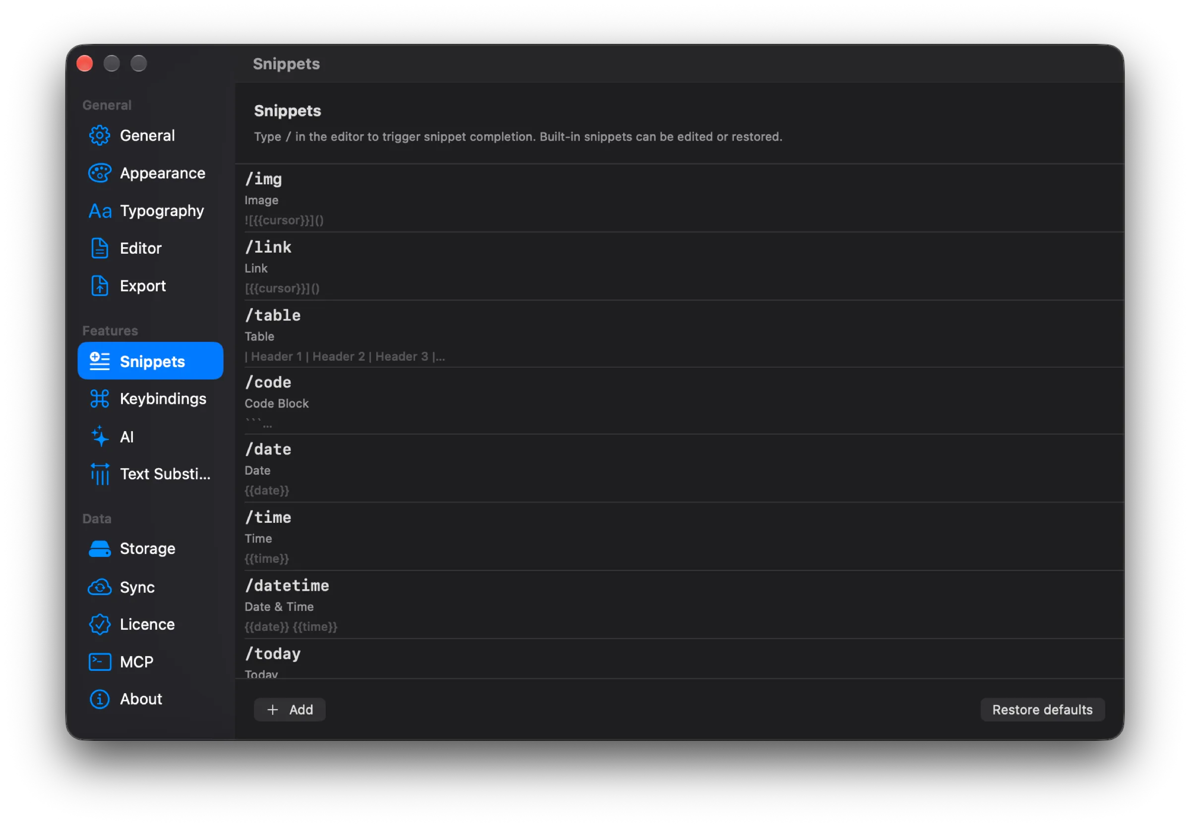 Snippets section: list of snippets /img, /link, /table, /code, /date, /time, /datetime, /today with their bodies