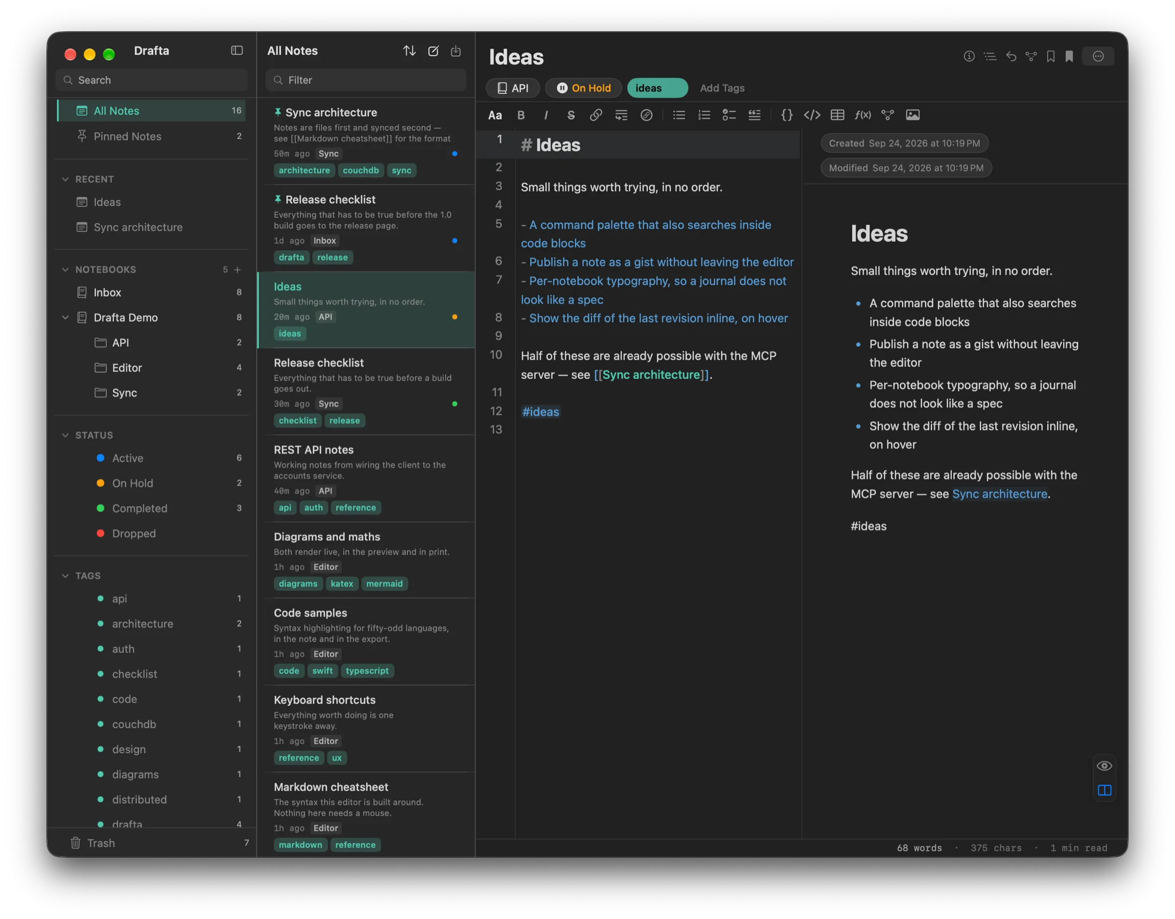 Split mode: on the left, the Markdown of a note with a list of ideas; on the right, the same note rendered