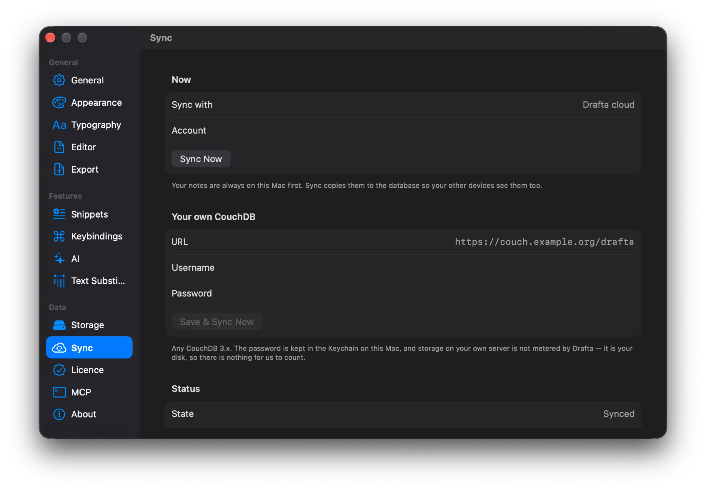The Sync section of settings: syncing with the Drafta cloud, the Sync Now button, fields for your own CouchDB, and the Synced status
