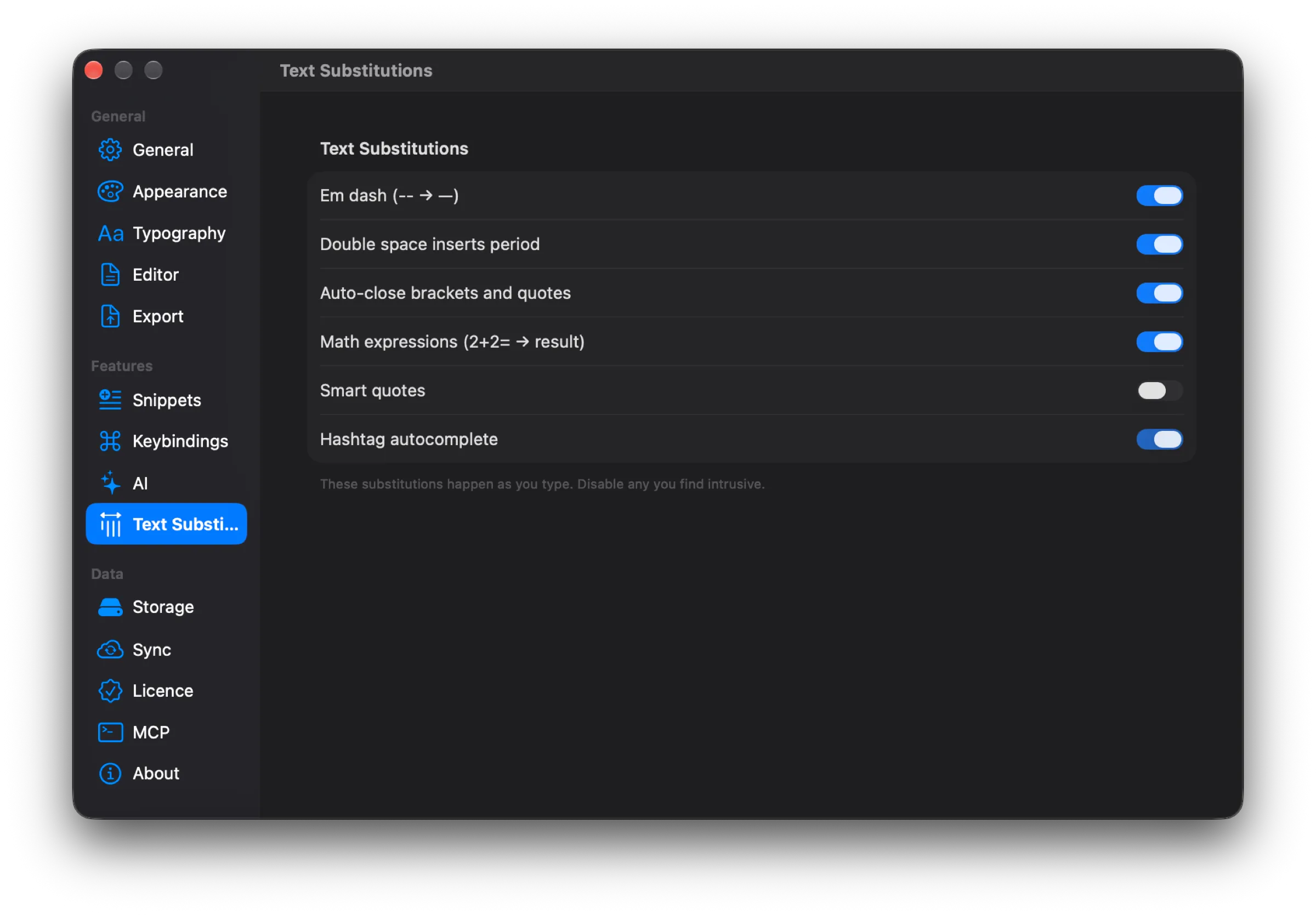 Text Substitutions section: six toggles — dash, period on double space, bracket autoclose, expression evaluation, typographic quotes, tag autocomplete