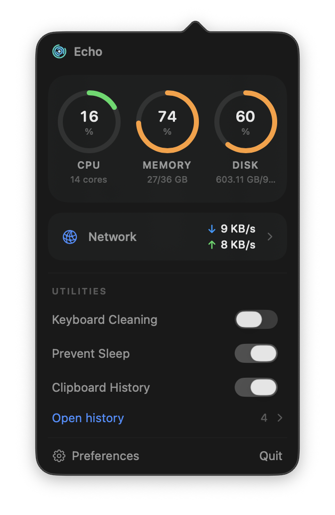 Echo — menu bar popover